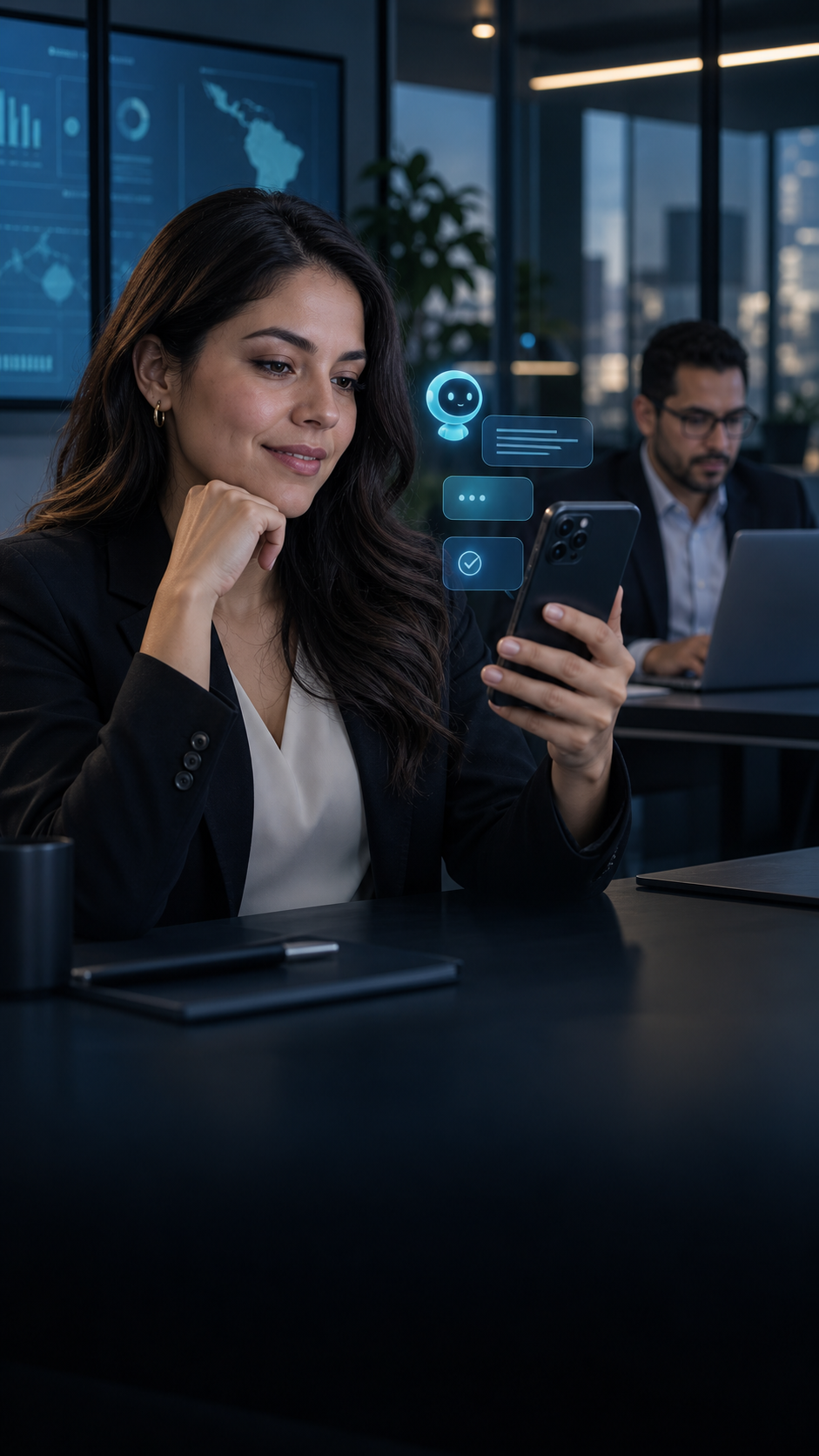 Profesional usando un agente de IA para entender una consulta de WhatsApp